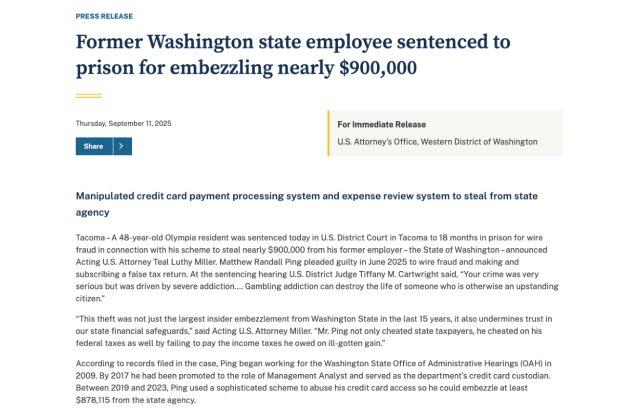 Washington employee theft gambling addiction
